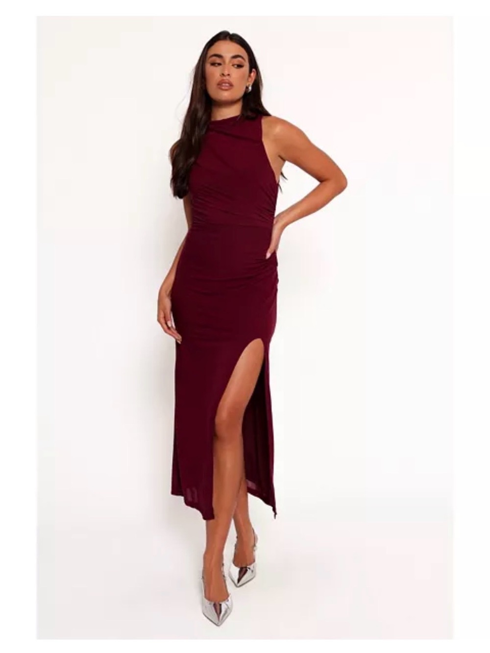Petal & Pup Wine High-Neck Maxi Dress with Side Slit